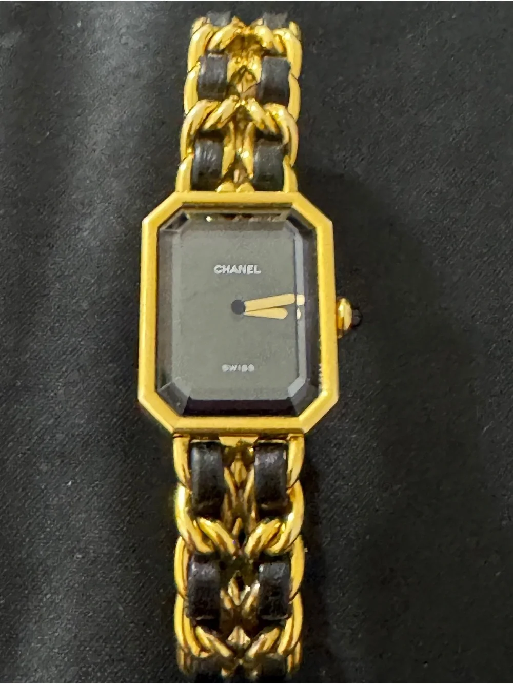 CHANEL Gold and Black Chain-Link Leather-Woven Watch